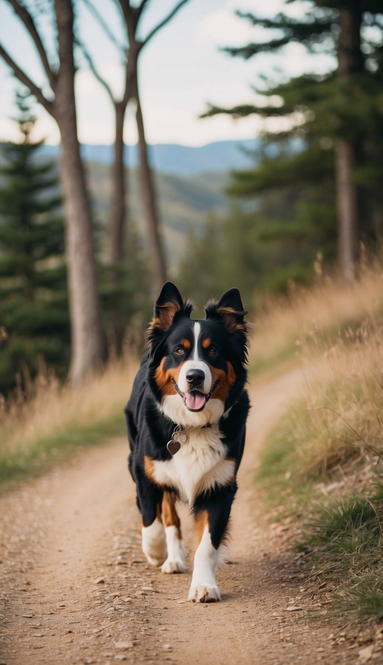 A Bernese Mountain Dog happily walking through a scenic outdoor trail, surrounded by trees and nature