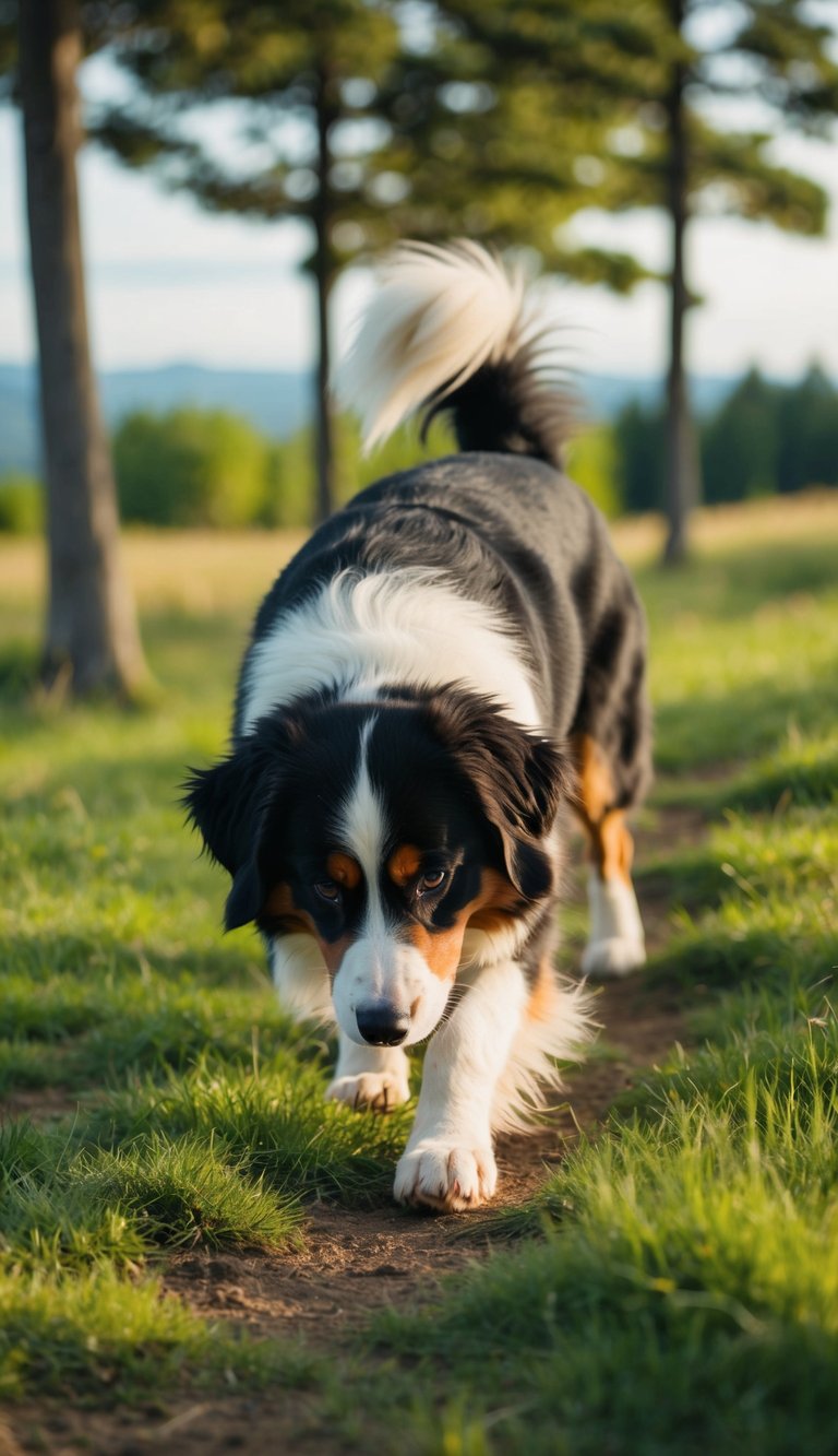 A Bernese Mountain Dog sniffs and searches for hidden scents in a lush outdoor setting, surrounded by trees and grassy terrain