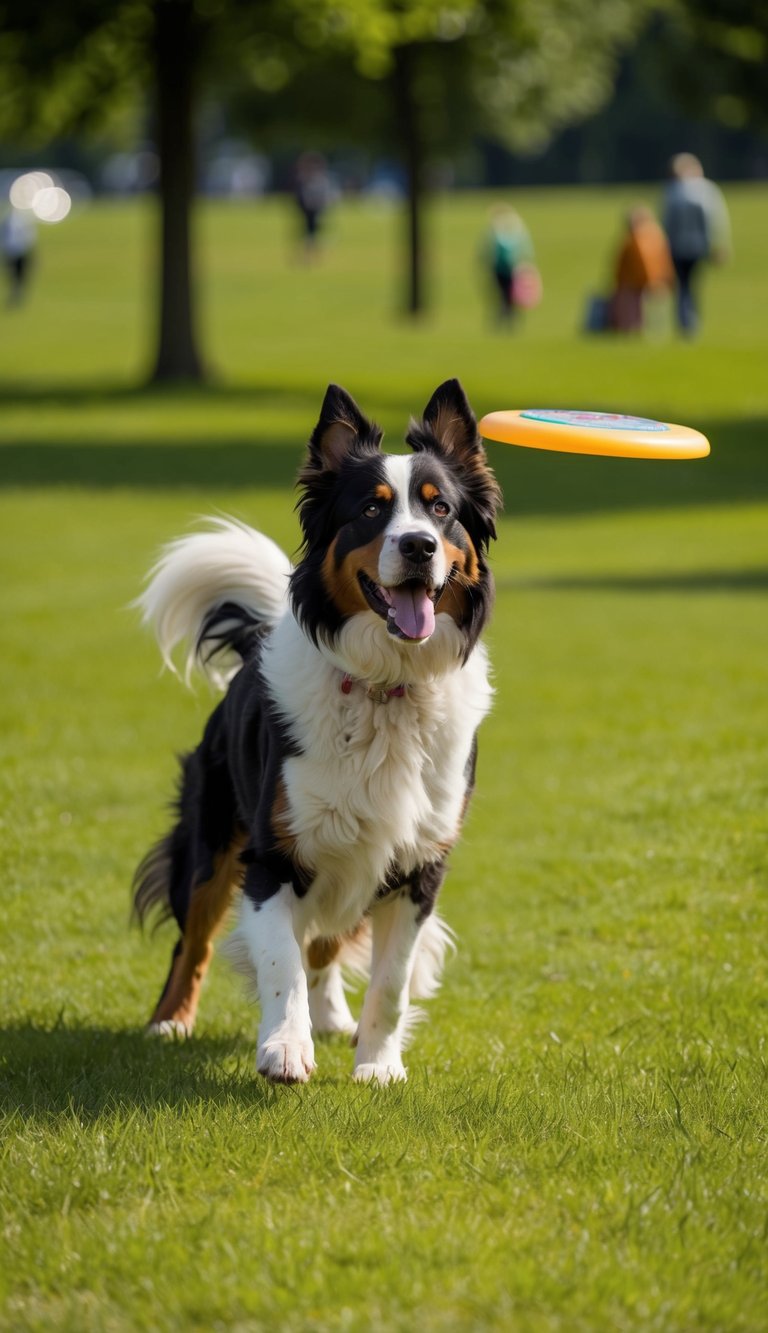 A Bernese Mountain Dog catches a frisbee disc in a grassy park on a sunny day