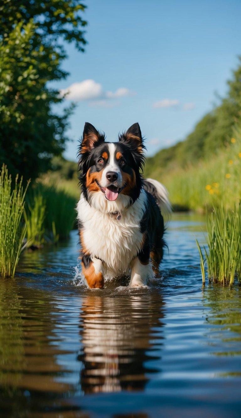 A Bernese Mountain Dog paddles in a shallow pond, surrounded by lush greenery and clear blue skies