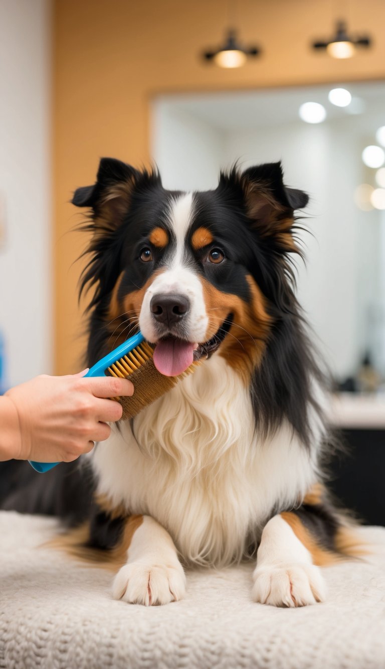 A Bernese Mountain Dog being brushed with a grooming brush to prevent tangles and mats, with a fluffy and fabulous coat