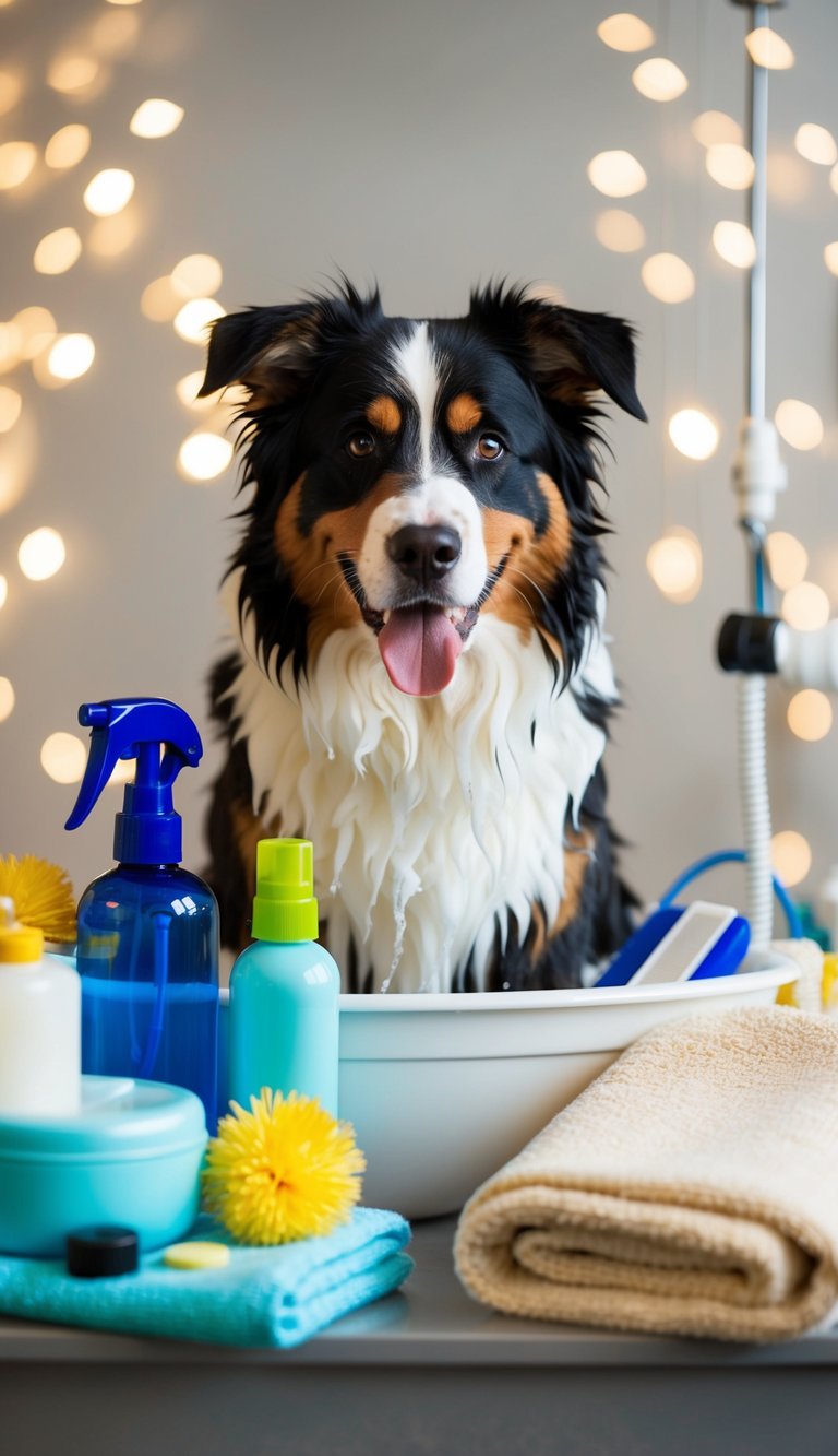 A Bernese Mountain Dog getting a bath, surrounded by grooming supplies and a fluffy towel