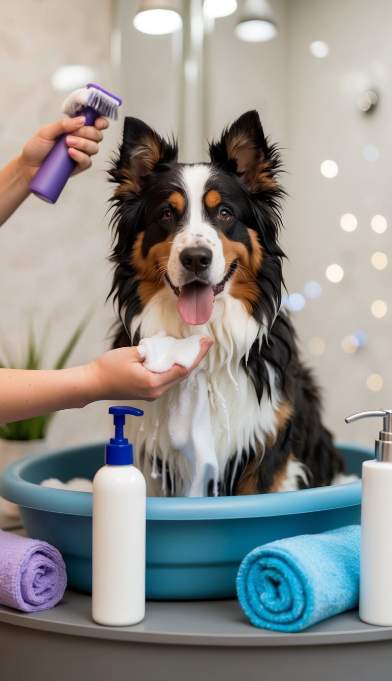 A Bernese Mountain Dog getting a gentle shampoo bath, surrounded by grooming supplies and looking fluffy and fabulous