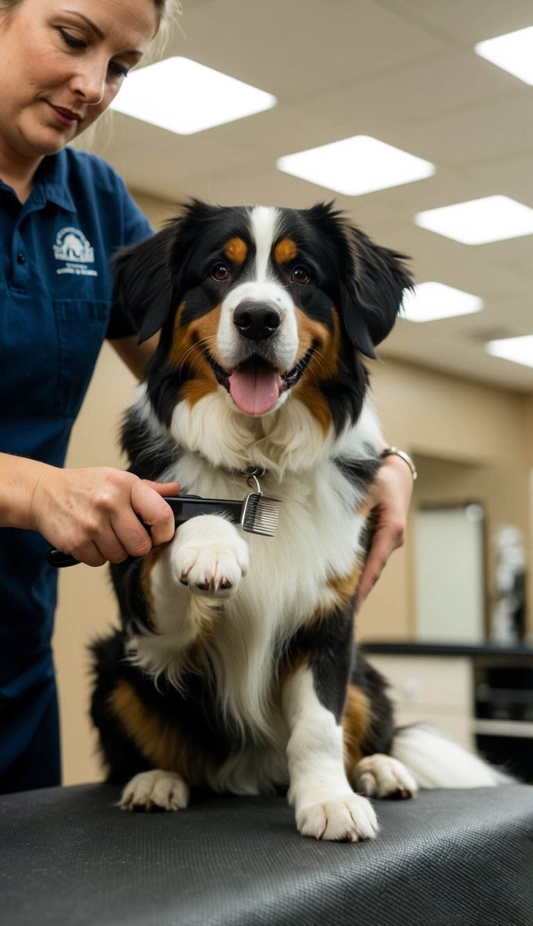 A Bernese Mountain Dog getting its paws groomed, with fur being trimmed to keep them neat and clean