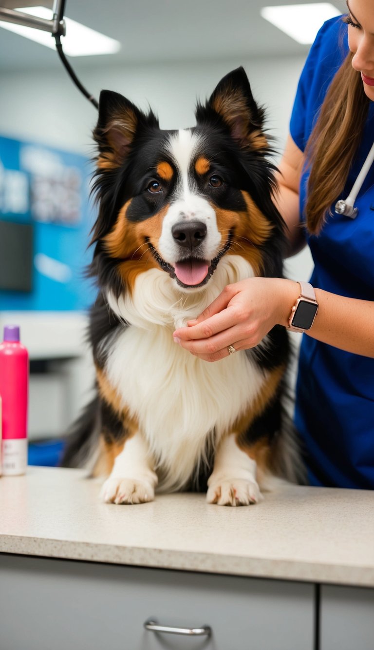 A Bernese Mountain Dog getting its nails trimmed by a groomer