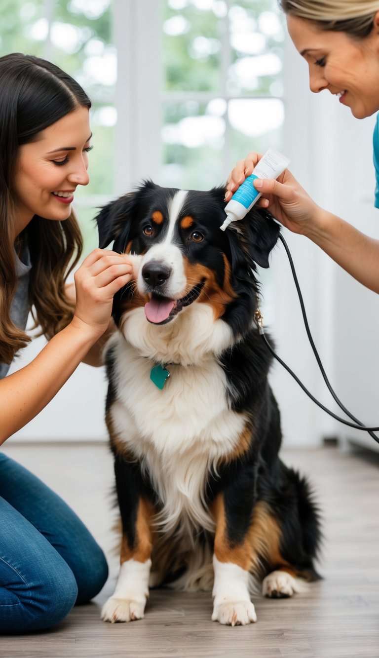 A Bernese Mountain Dog getting its ears cleaned with a vet-approved cleaner by its owner