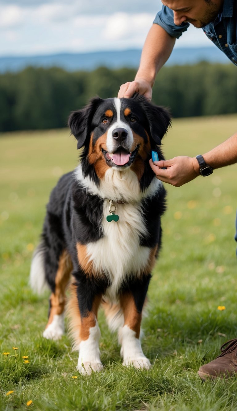 A Bernese Mountain Dog standing on a grassy field, with its owner checking for ticks and fleas in its fluffy fur after outdoor play