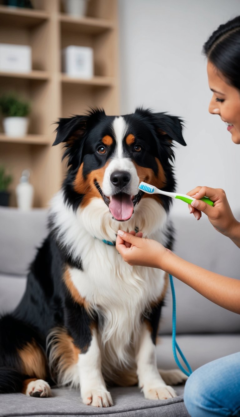 A Bernese Mountain Dog sits calmly as its owner brushes its teeth with a toothbrush and toothpaste