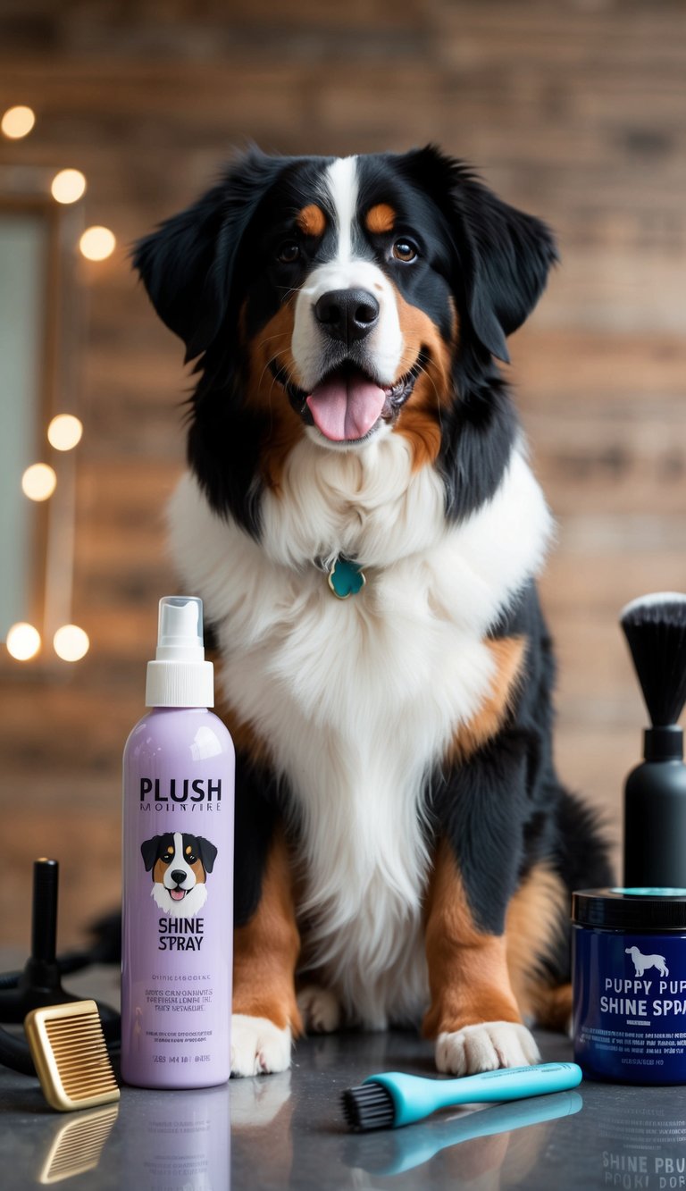 A Bernese Mountain Dog with a glossy coat stands proudly next to a bottle of Plush Puppy Shine spray, surrounded by grooming tools and products