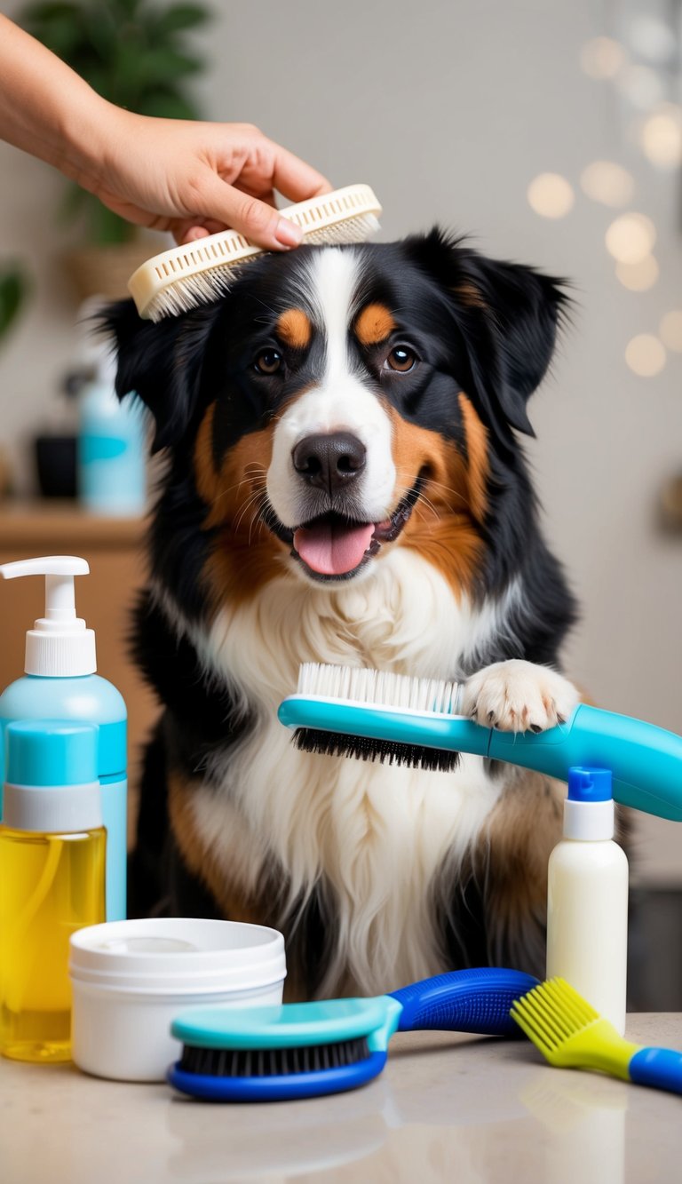 A Bernese Mountain Dog being gently brushed with a soft bristle brush, surrounded by bottles of dog shampoo and grooming tools