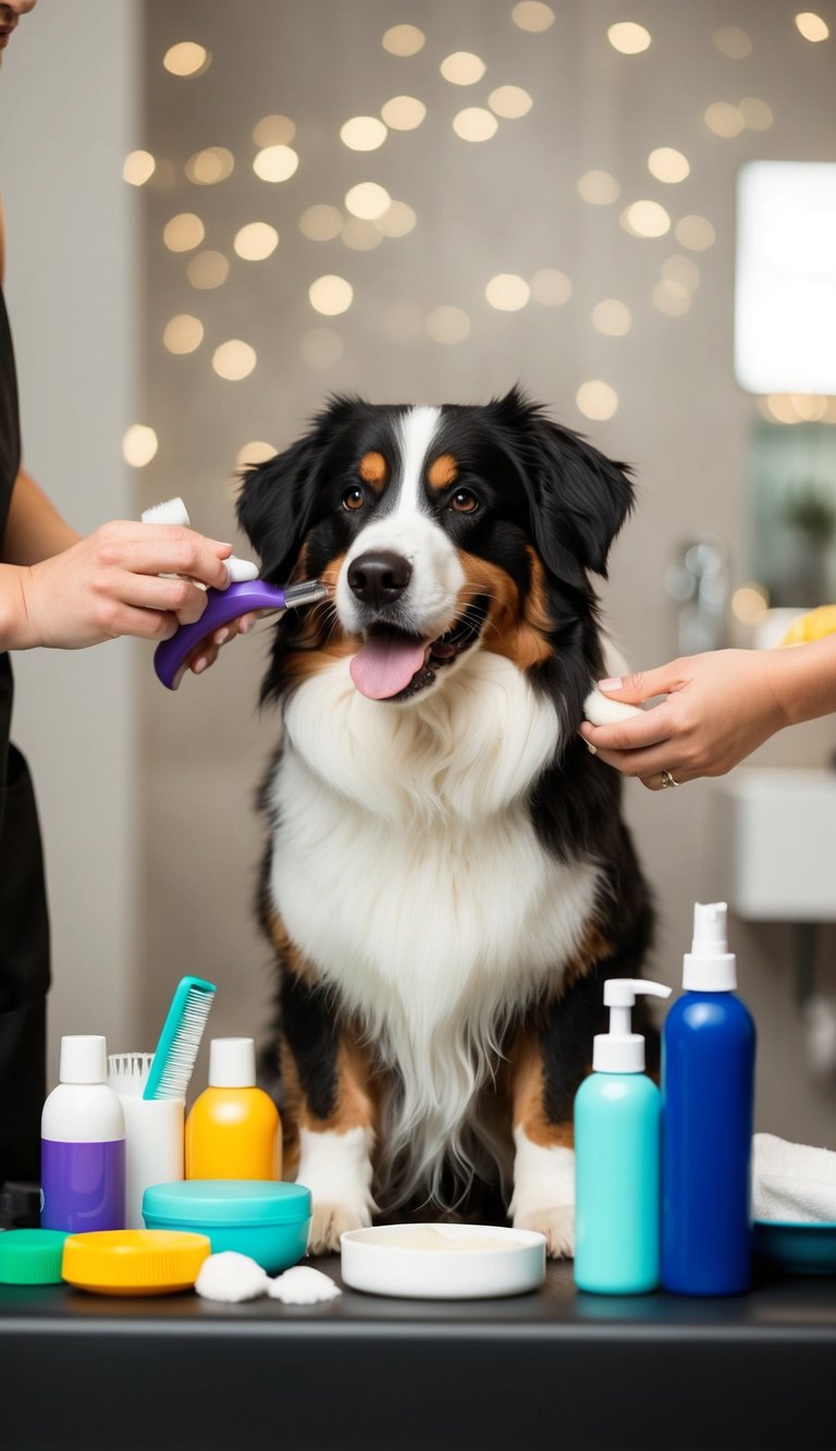 A Bernese Mountain Dog getting a luxurious conditioner treatment, surrounded by grooming tools and products