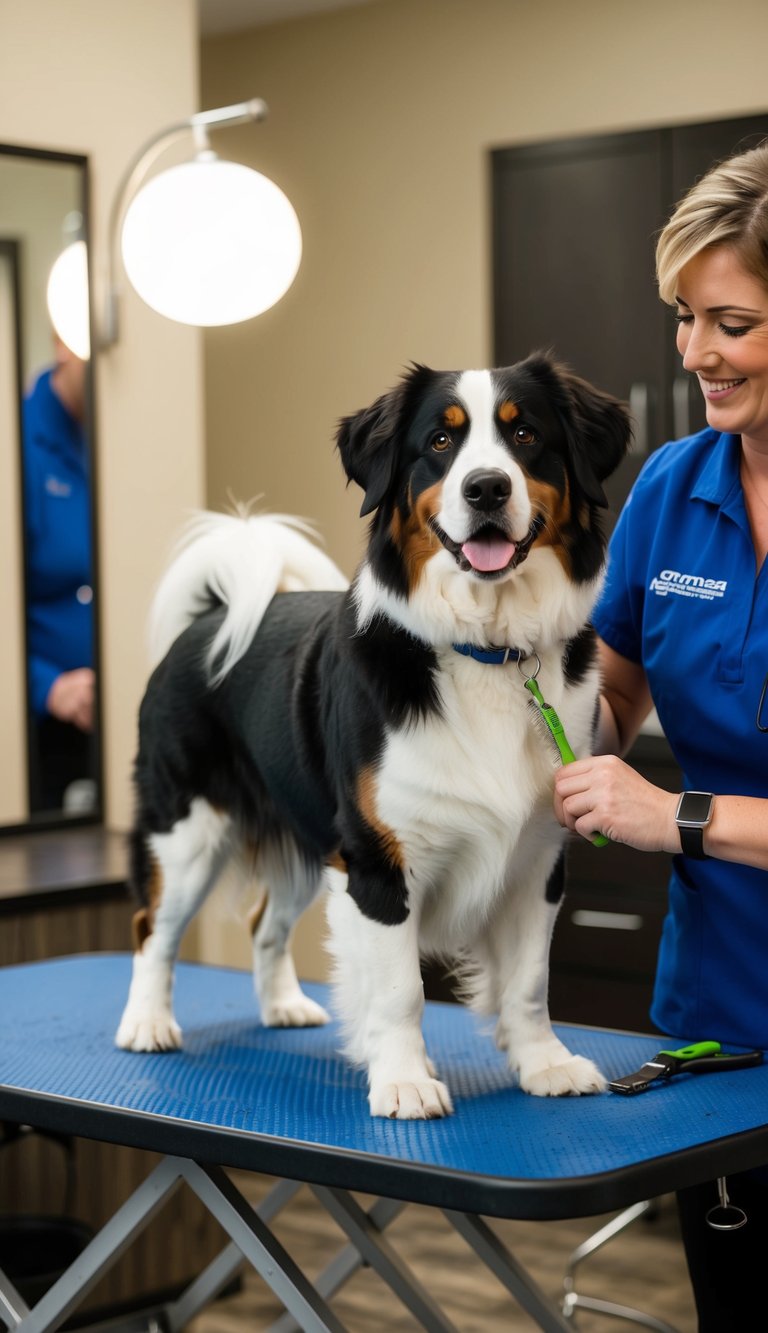 A Bernese Mountain Dog standing on a grooming table, with a groomer lightly trimming its coat around the rear