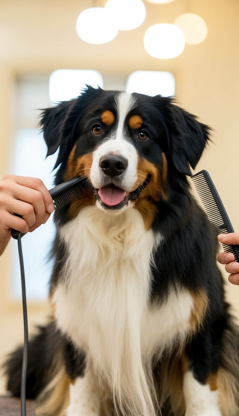 A Bernese Mountain Dog being groomed with a long-toothed comb to detangle stubborn mats gently