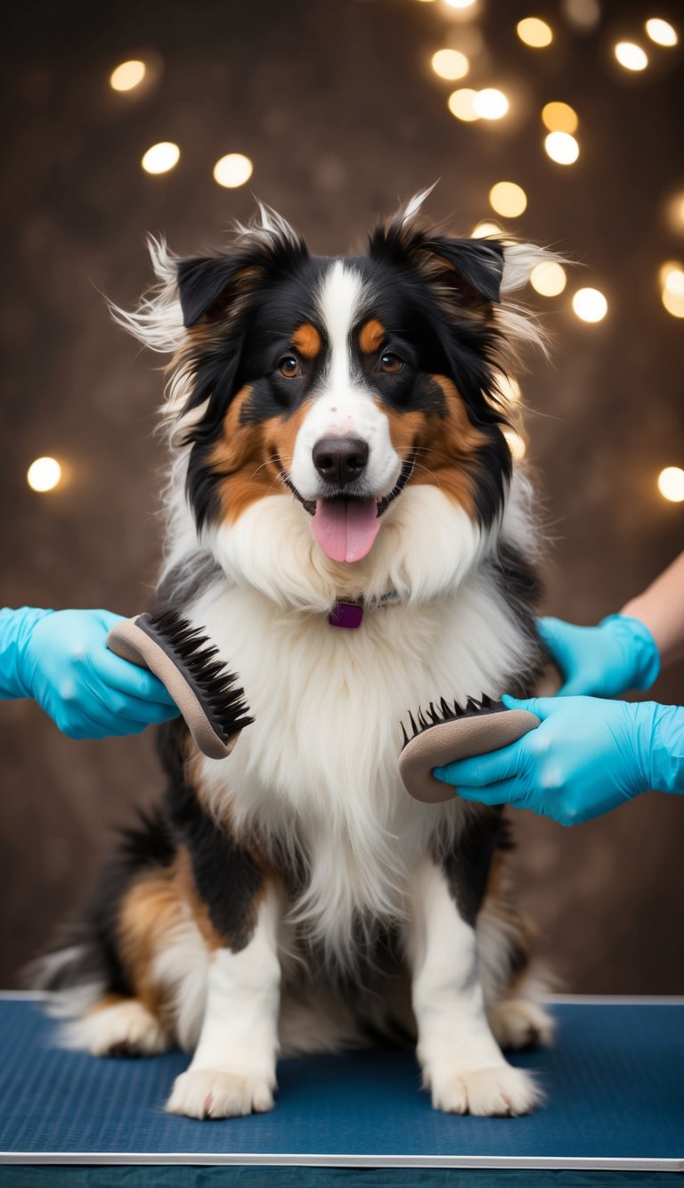 A Bernese Mountain Dog being groomed with gentle gloves, fur flying off, the dog looking fluffy and fabulous
