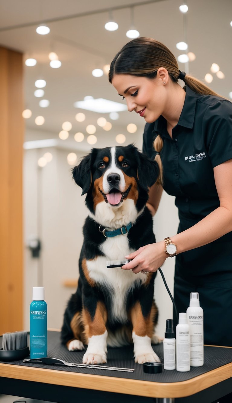 A Bernese Mountain Dog being groomed by a professional with various grooming tools and products displayed nearby