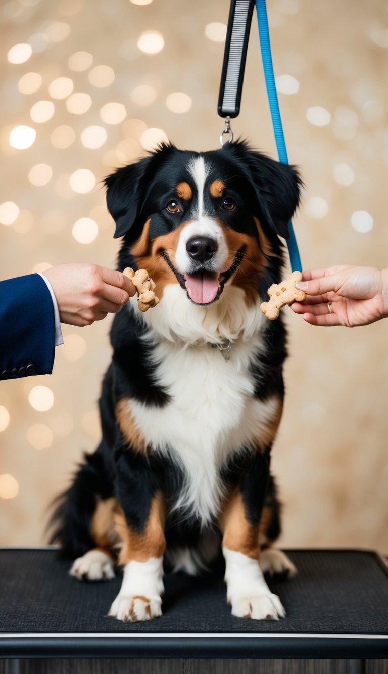 A Bernese Mountain Dog happily receiving treats during grooming