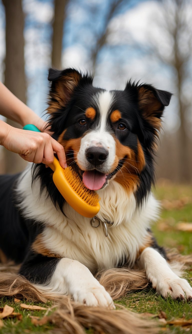 A Bernese Mountain Dog enjoys a massage with a rubber curry brush outdoors in warm weather, surrounded by loose dead hair