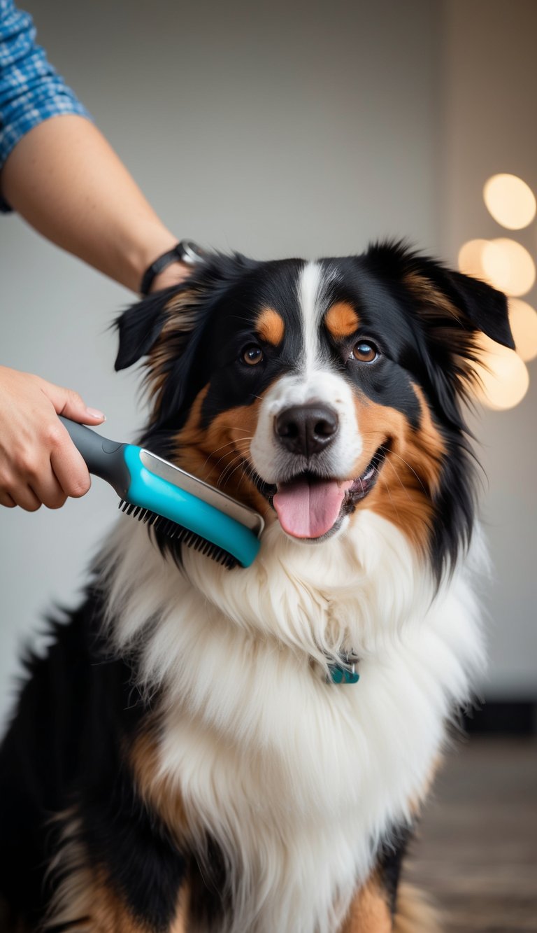 A Bernese Mountain Dog being brushed with a shedding tool, excess undercoat being removed, leaving the dog looking fluffy and fabulous