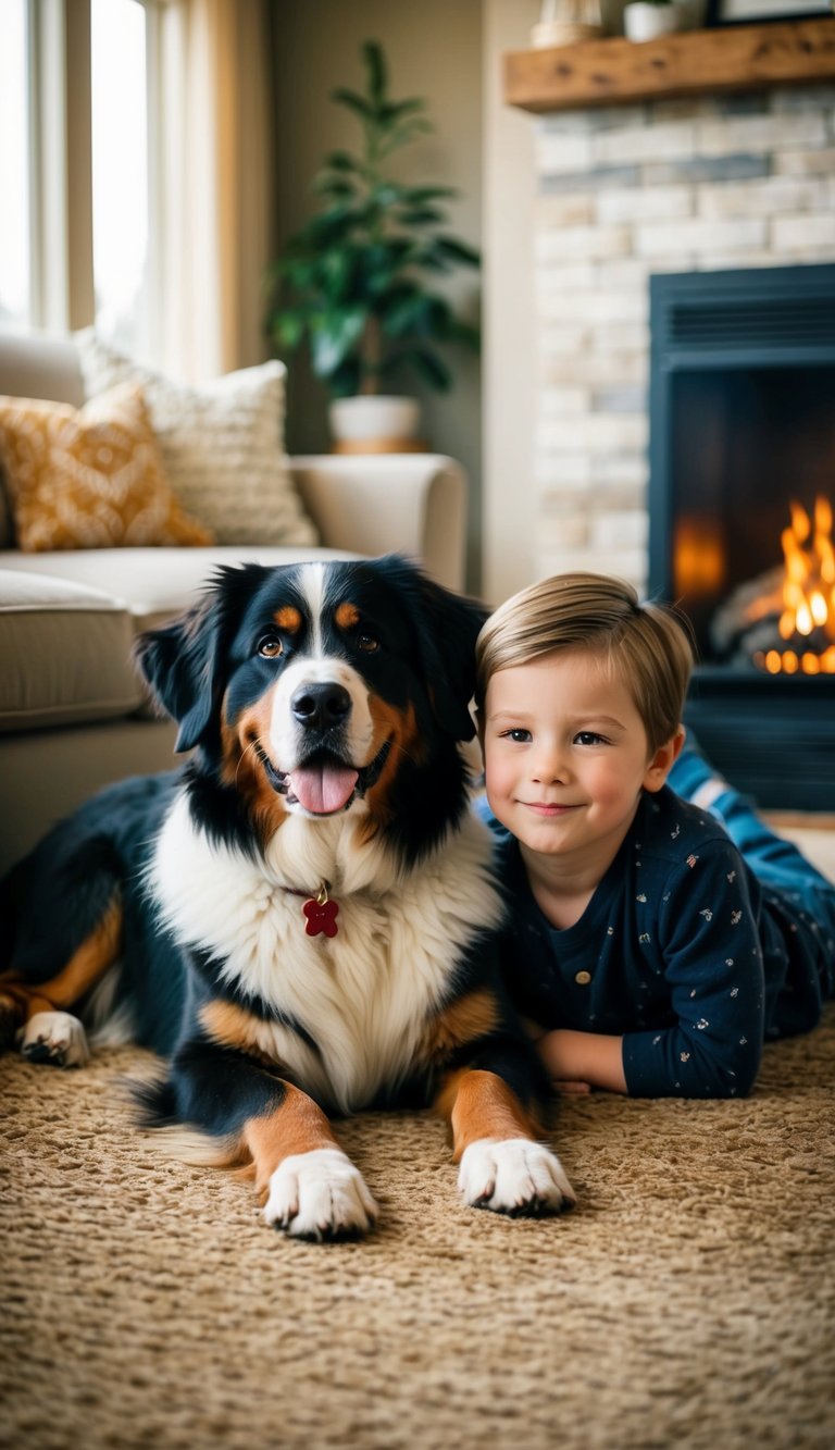 A Bernese Mountain Dog lying next to a child, both looking content and at ease, surrounded by a warm, cozy living room with a crackling fireplace