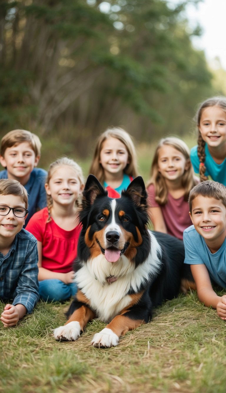 A Bernese Mountain Dog lying peacefully among a group of smiling children in a serene, natural setting