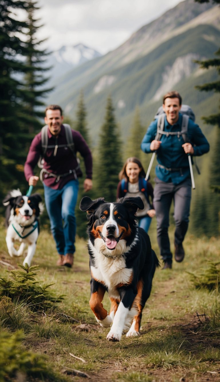 A Bernese Mountain Dog running through a forest with a family, playing and hiking together in the mountains