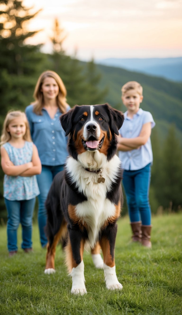 A Bernese Mountain Dog standing guard over a family, with a gentle expression and protective stance