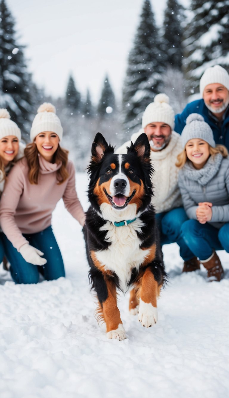 A Bernese Mountain Dog playing joyfully in a snowy, winter wonderland, surrounded by happy family members