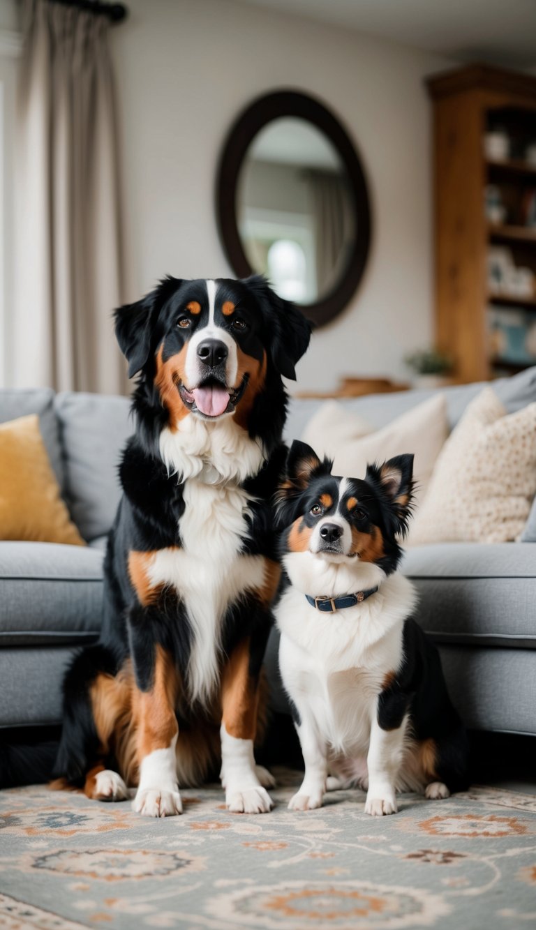 A Bernese Mountain Dog peacefully coexisting with a small pet in a cozy family living room