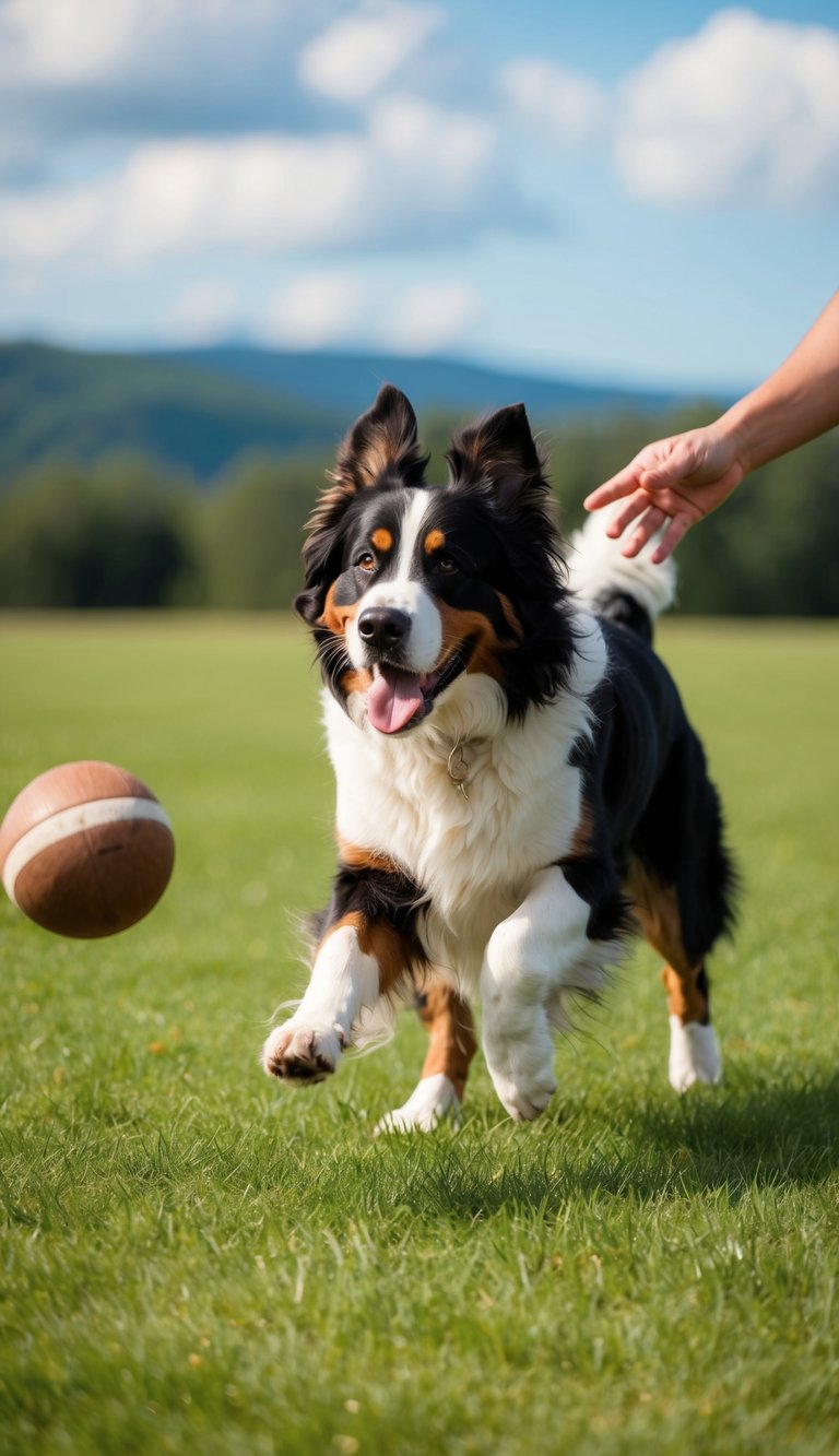 A Bernese Mountain Dog playing fetch in a grassy field, joyfully returning the ball to their owner