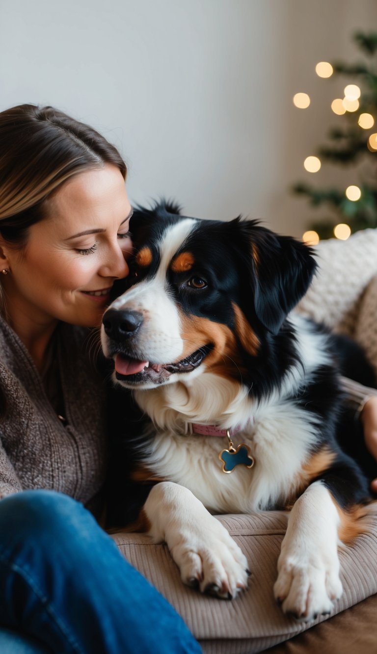 A Bernese Mountain Dog lying on a cozy lap, nuzzling and receiving affection from its owner