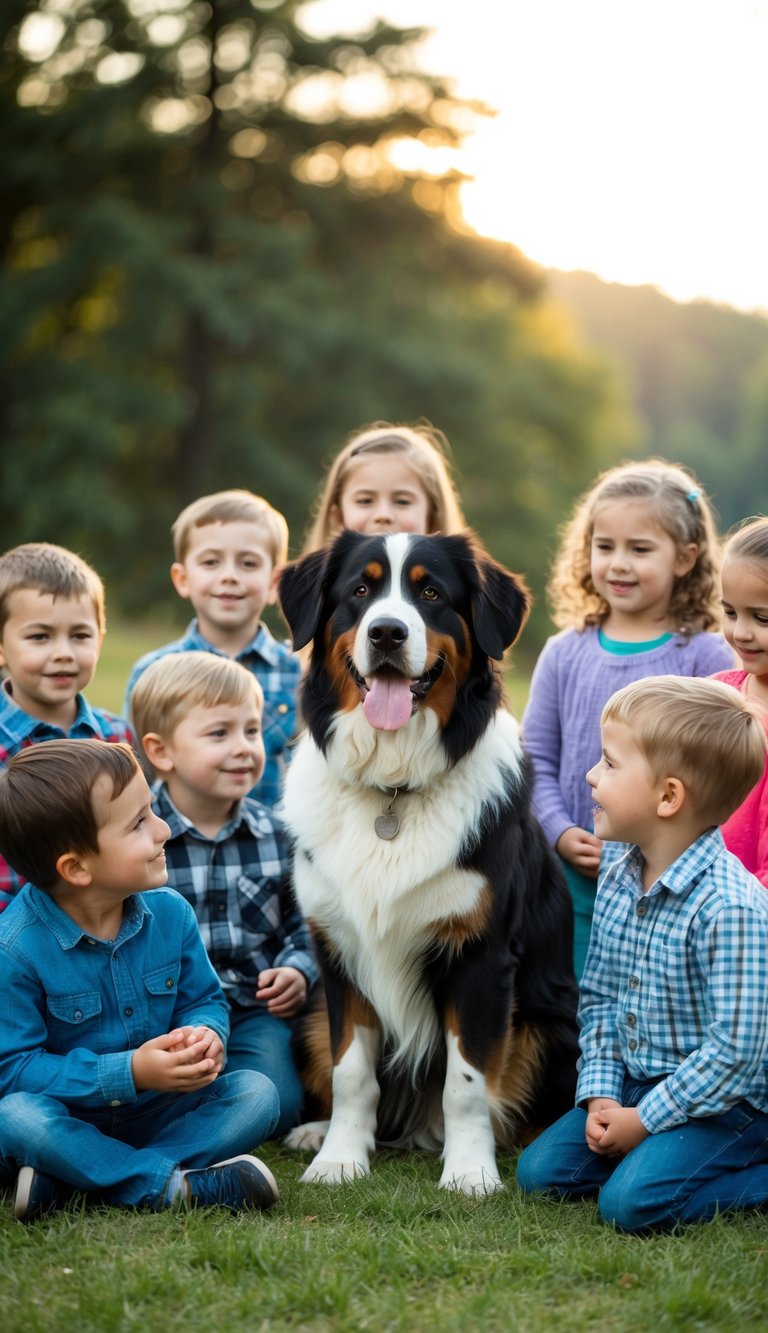 A Bernese Mountain Dog calmly sits among a group of small children, wagging its tail and looking lovingly at them