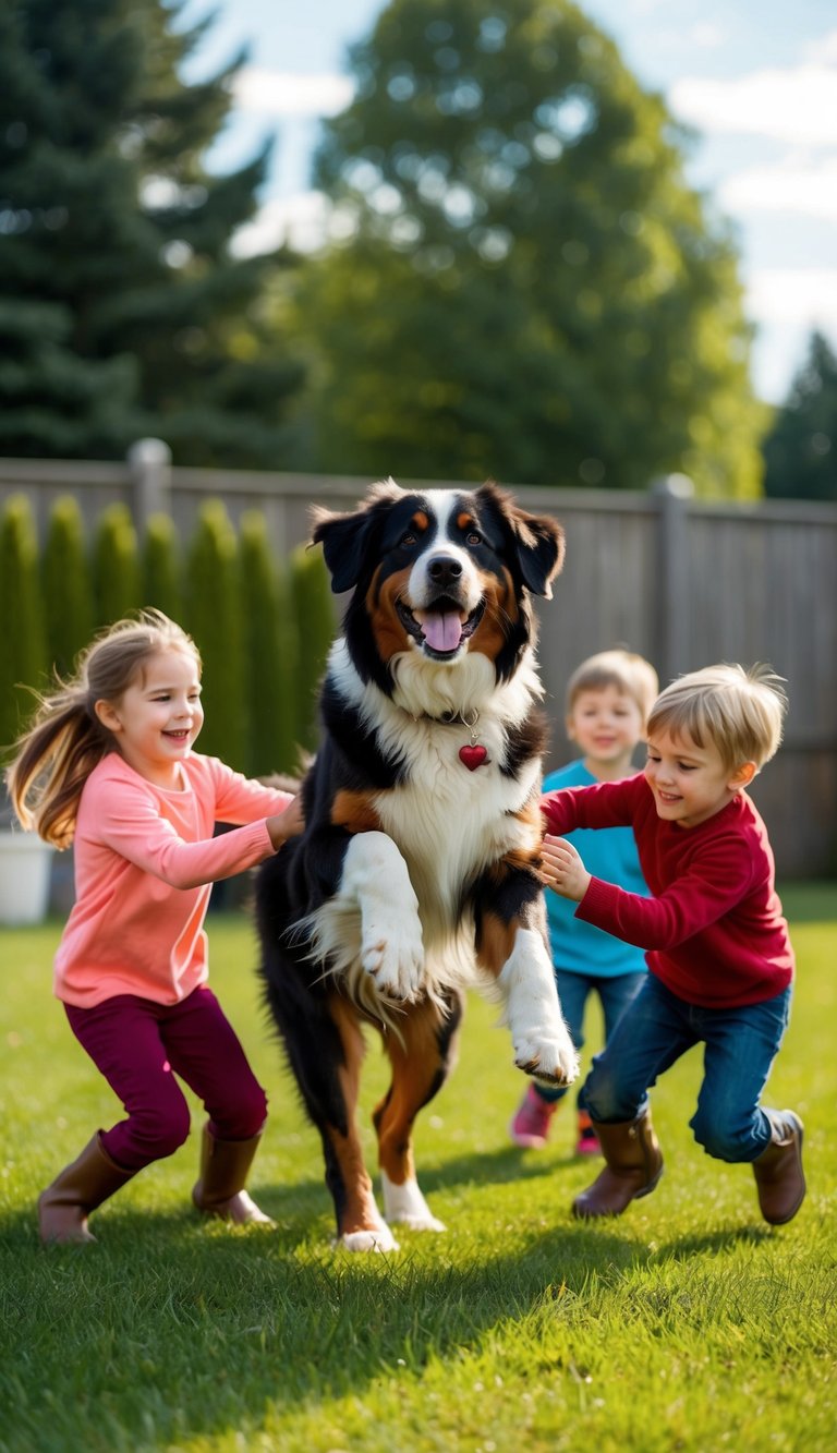 A Bernese Mountain Dog playing joyfully with children in a spacious backyard, exuding strength and loyalty