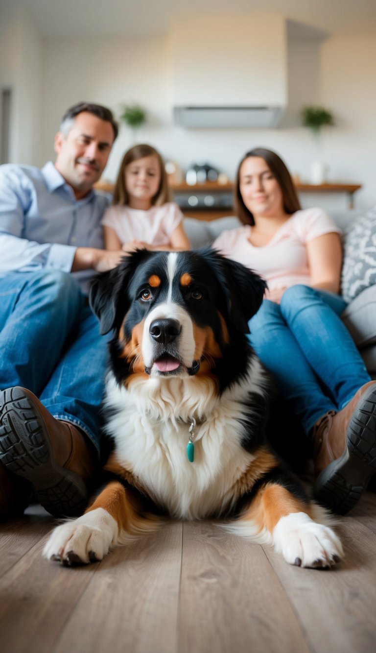 A Bernese Mountain Dog lying calmly at the feet of a family, bringing a sense of peace and comfort to the household