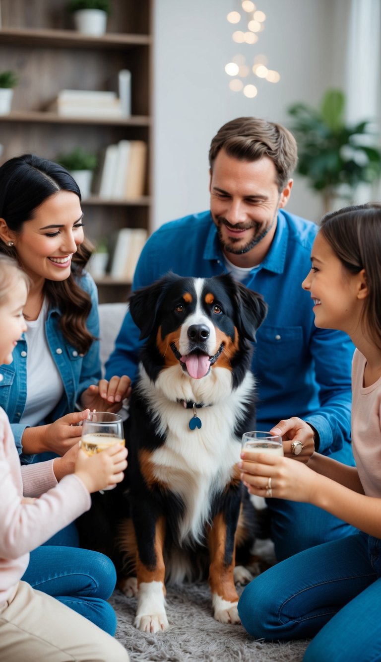 A Bernese Mountain Dog surrounded by a loving family, engaging in social activities and enjoying quality time together