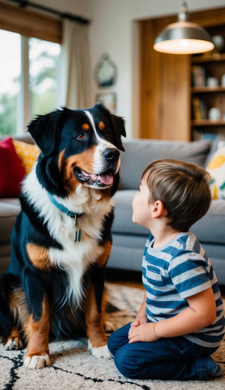 A Bernese Mountain Dog gazes lovingly at a child, tail wagging, surrounded by a warm, cozy family living room