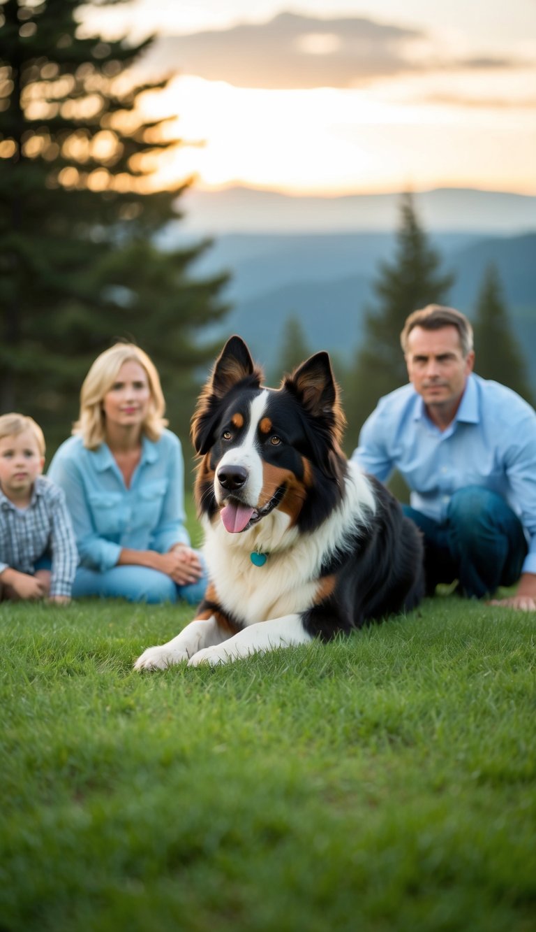 A Bernese Mountain Dog calmly watches over a family, alert and protective but without showing excessive aggression