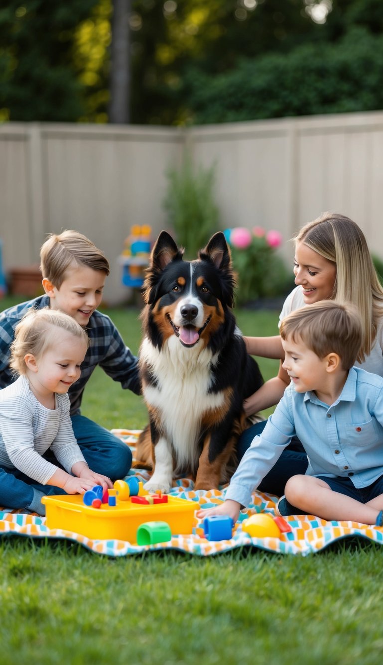 A Bernese Mountain Dog playing with a family in a backyard, surrounded by children's toys and a picnic blanket