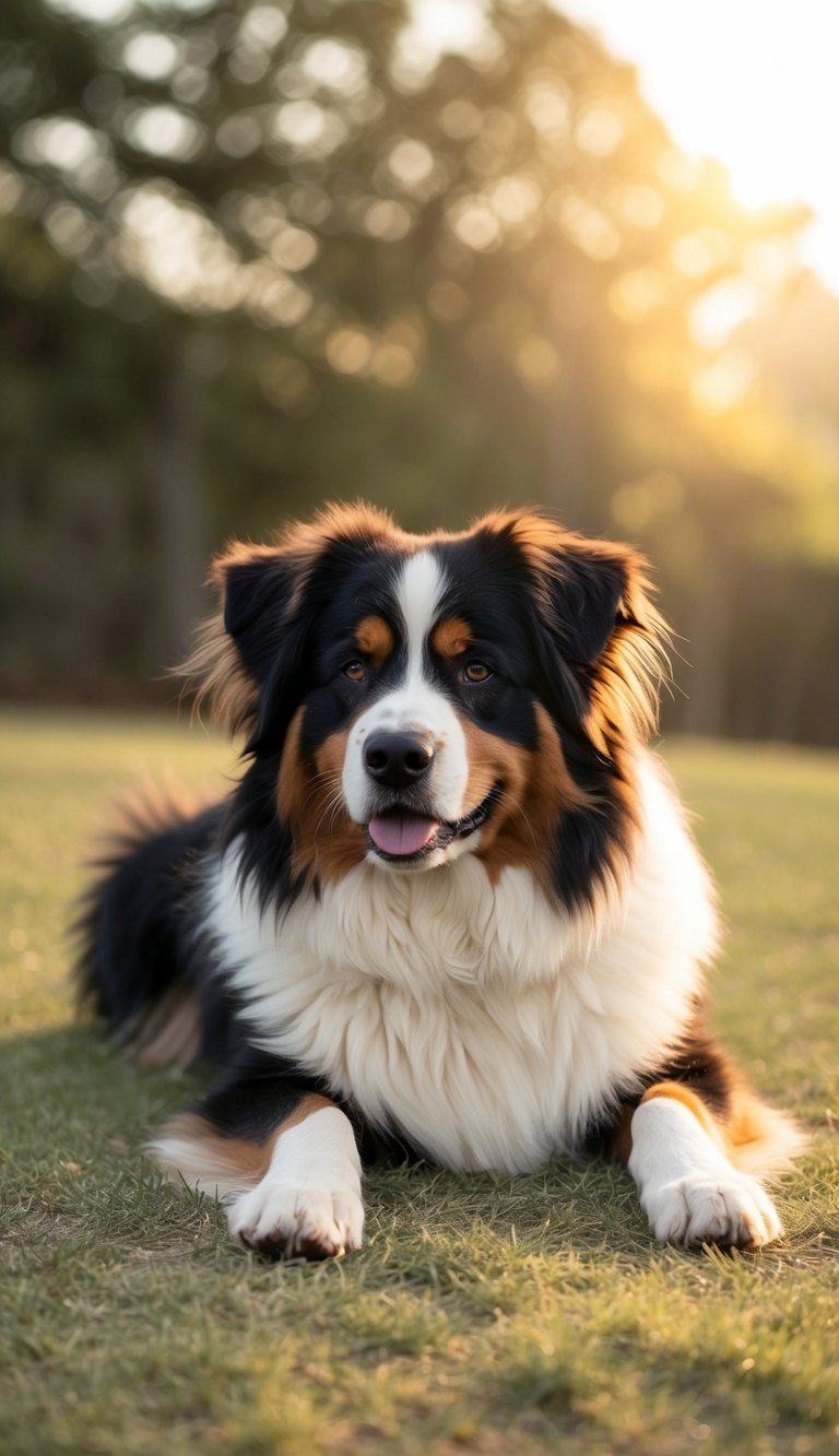 A Bernese Mountain Dog lies peacefully, its fluffy coat inviting gentle petting