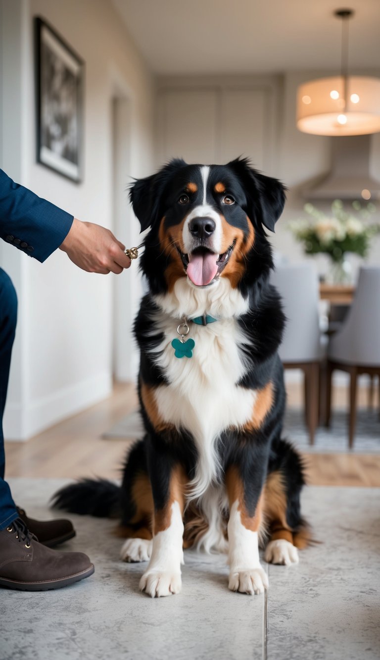 A Bernese Mountain Dog eagerly greets new family members with a wagging tail and friendly demeanor, making them feel instantly welcome in the home