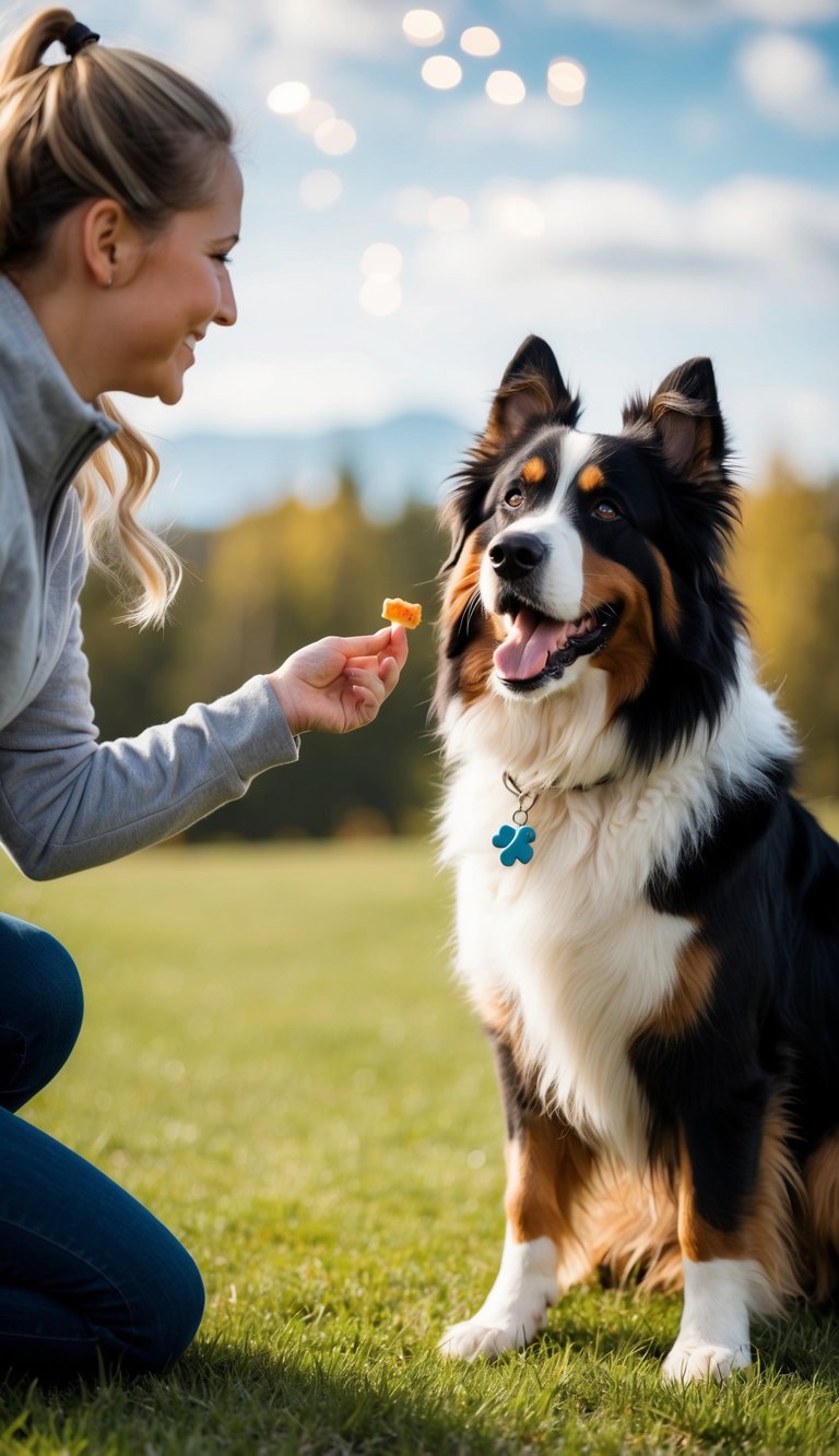 A Bernese Mountain Dog eagerly follows commands, wagging its tail with a happy expression as its owner rewards it with a treat