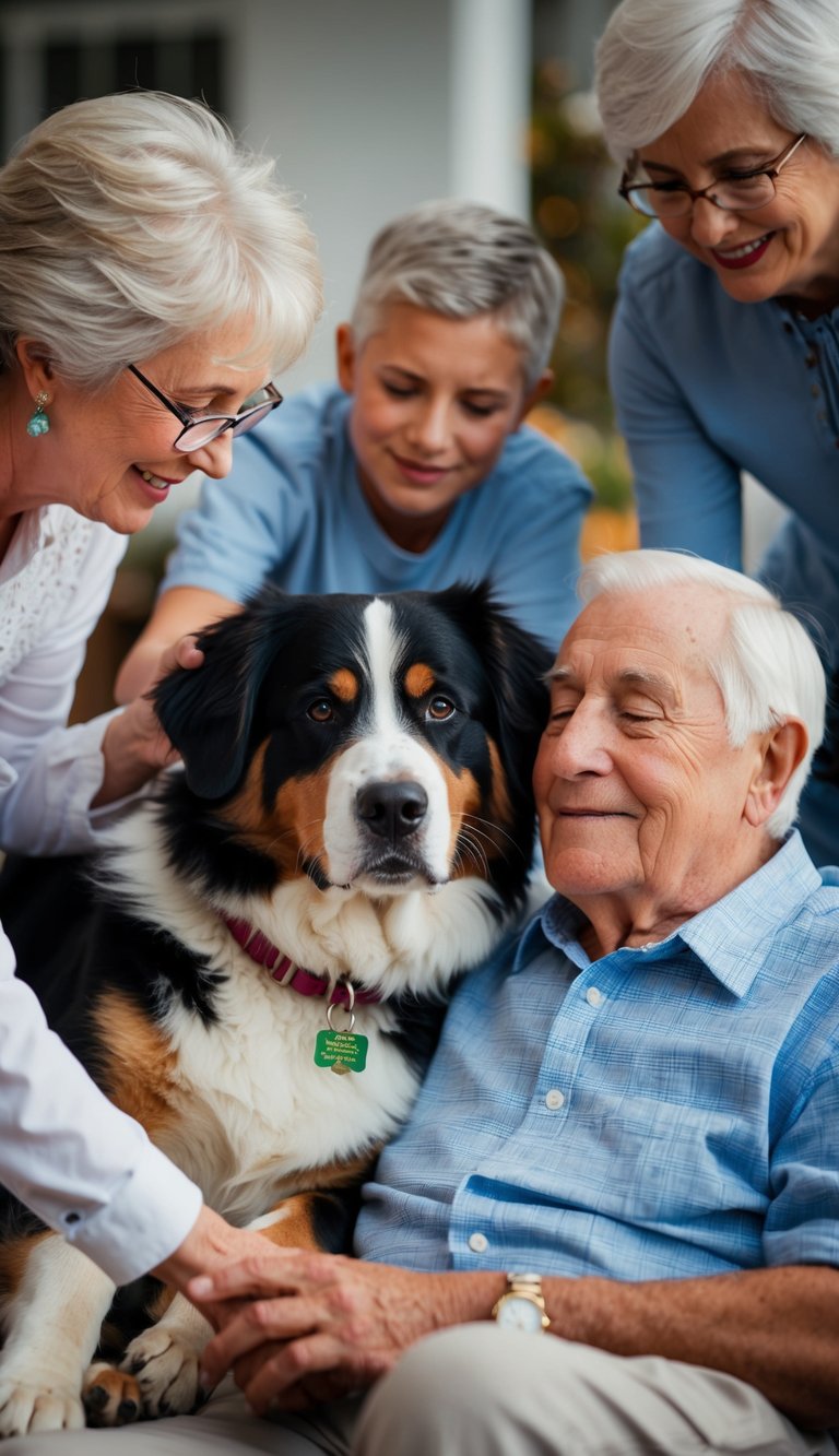 A Bernese Mountain Dog lying beside an elderly person, nuzzling their hand with a gentle expression. Other family members are gathered around, petting and interacting with the dog