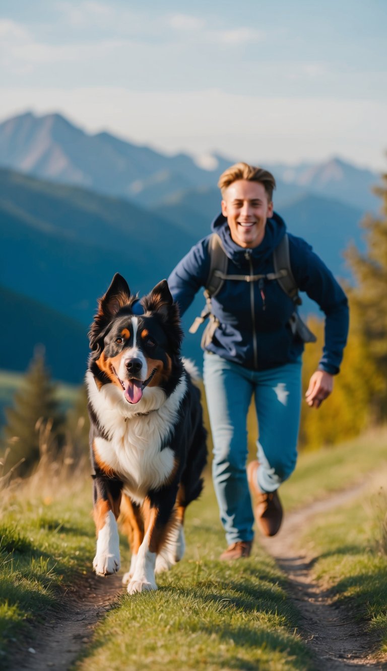 A Bernese Mountain Dog running alongside a person, both with joyful expressions, in a scenic outdoor setting
