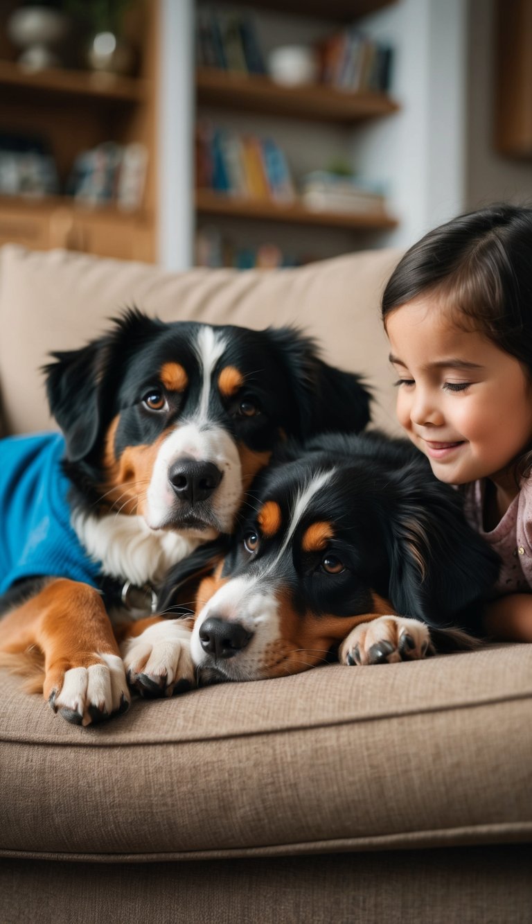 A Bernese Mountain dog nuzzles a child, their eyes filled with warmth and compassion, as they lay together in a cozy living room