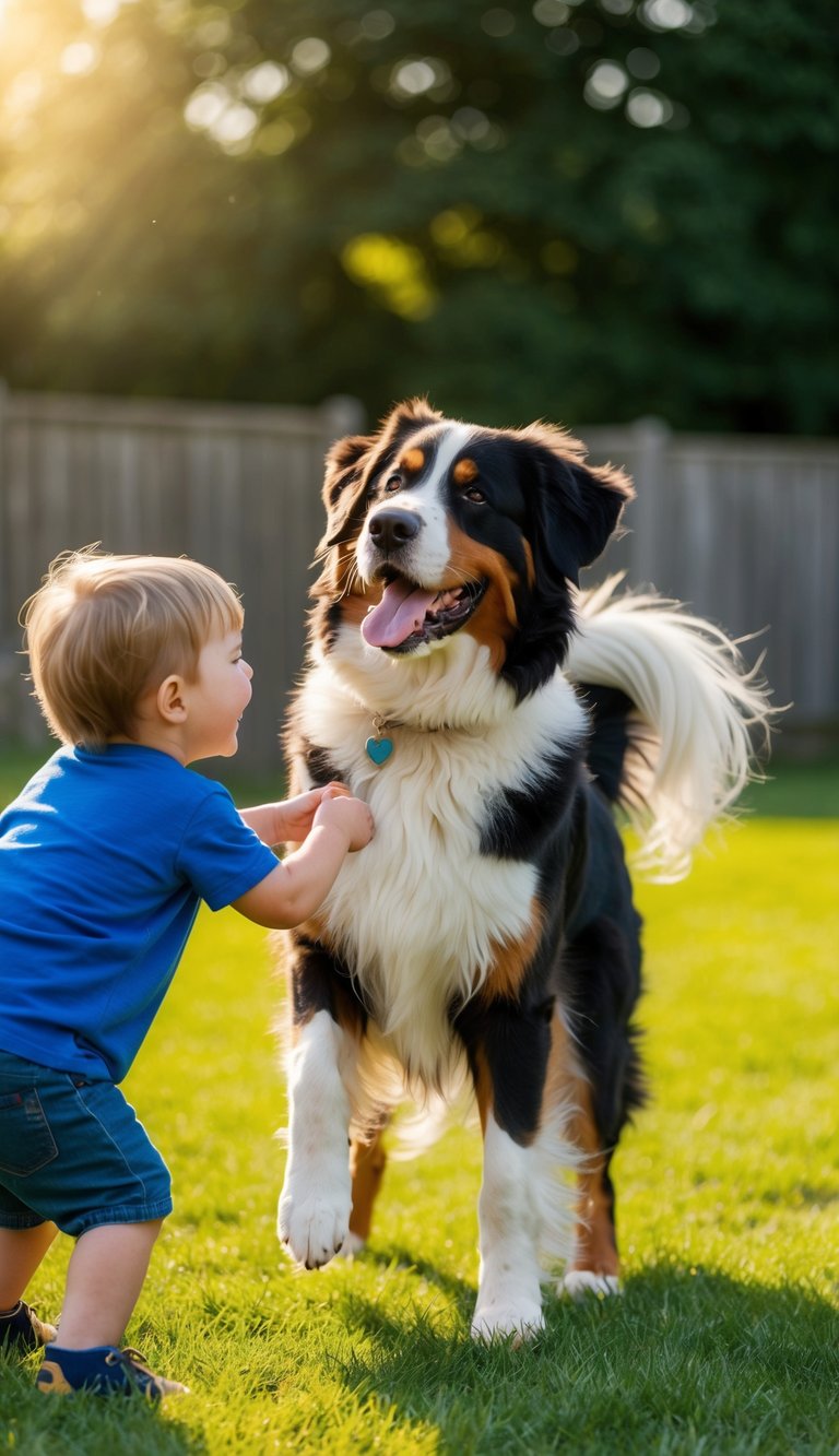 A Bernese Mountain Dog nuzzles a child, their tails wagging in joy as they play together in a sunlit backyard