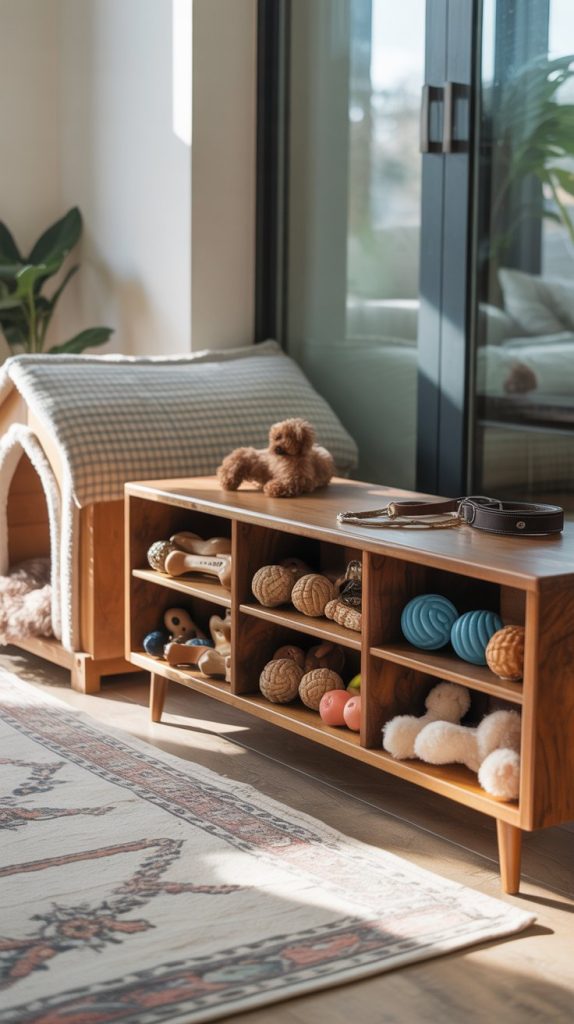 A wooden storage bench with open compartments showing organized dog toys and accessories next to a cozy dog house with bedding in a bright indoor room.