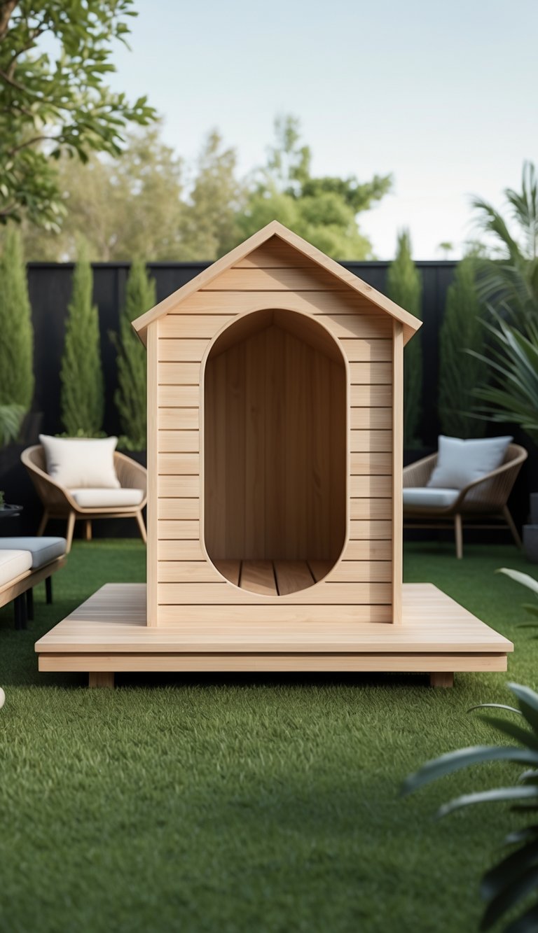 A modern wooden doghouse with a sloped roof in a green backyard surrounded by plants and outdoor furniture.