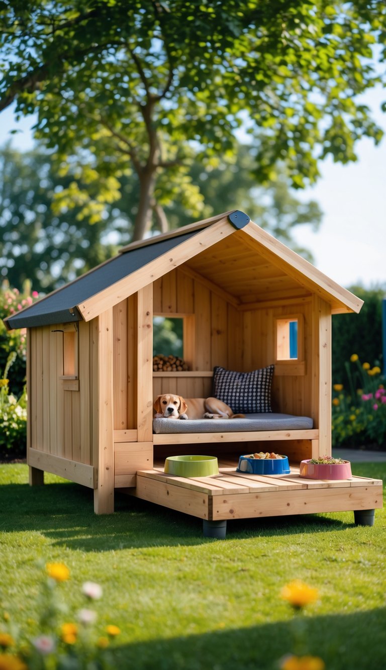 A wooden dog house with a built-in deck and food station on a green lawn surrounded by flowers.