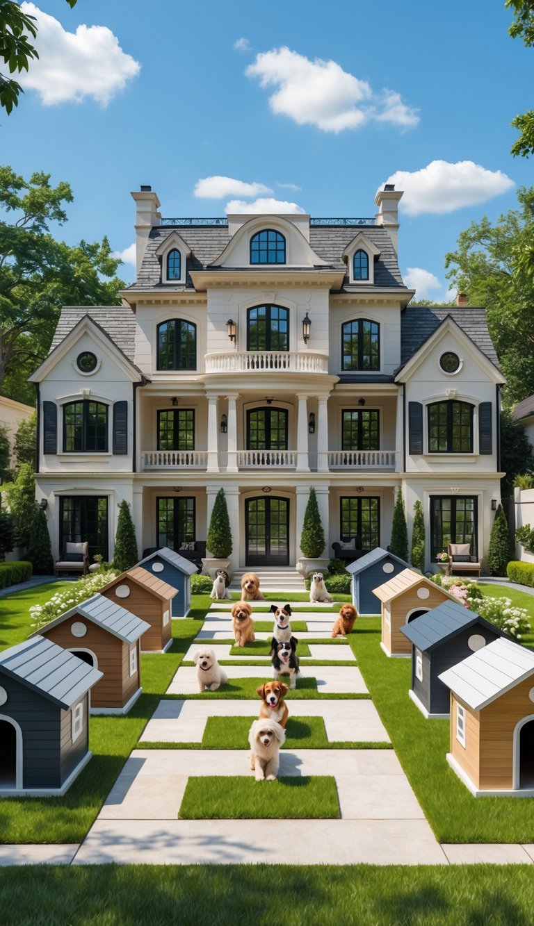 A large luxury dog mansion with multiple windows surrounded by 15 unique and adorable dog houses in a sunny garden with dogs playing nearby.