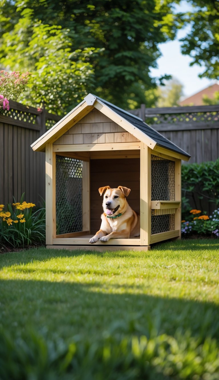 A dog sitting near a traditional chain-link fenced dog house in a green backyard.