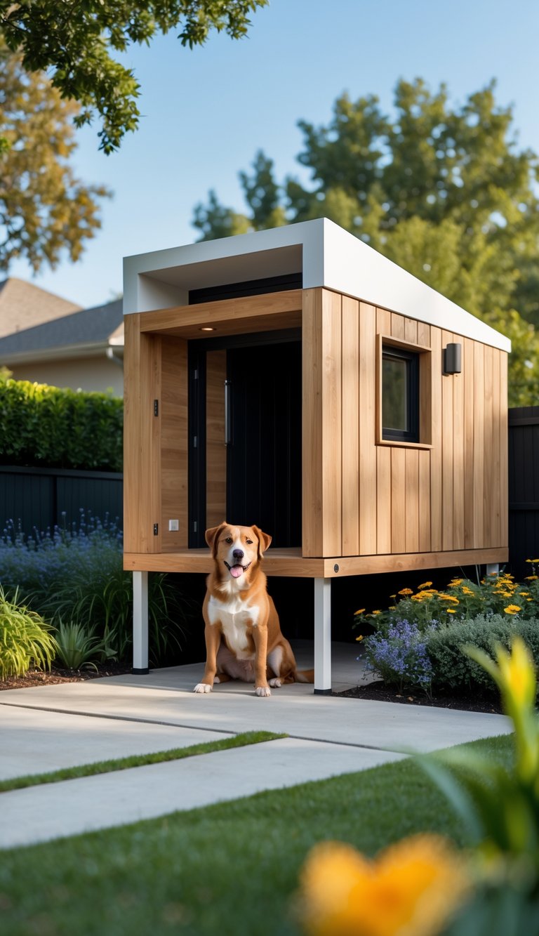 A dog sitting next to an elevated wooden dog house in a green backyard with flowers and trees.